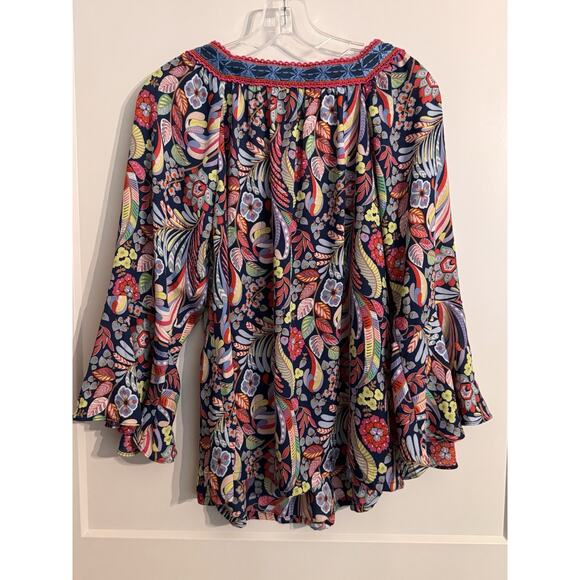 The Pioneer Womens Boho Floral Square Neck Flutter Sleeve Blouse Top Shirt Sz L - Picture 4 of 7